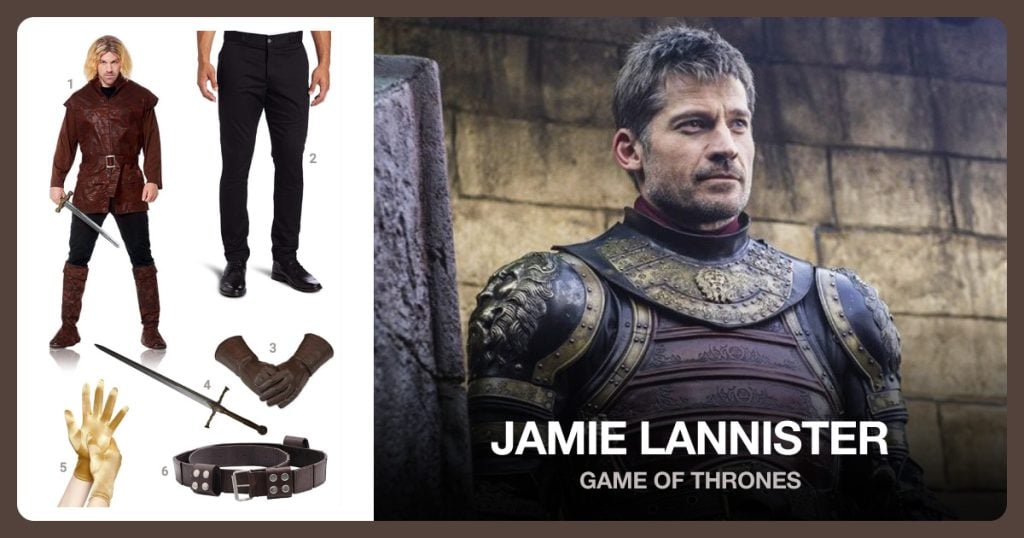 Jamie Lannister Costume, Black Pants, Leather Gauntlets and Jamie Lannister Foam Sword beside Jamie Lannister