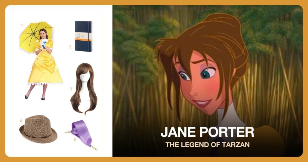 Women’s Princess Costume, Hard Cover Notebook, Cosplay Wig and Fedora Hat beside Jane Porter