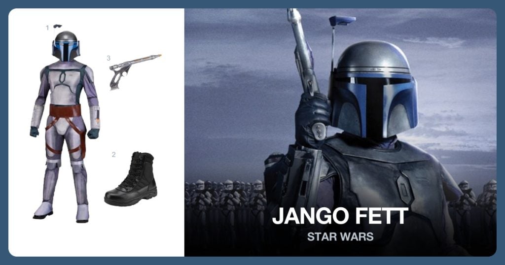 Jango Fett Costume Set, Black Combat Boots and Silver Blaster Prop beside Jango Fett
