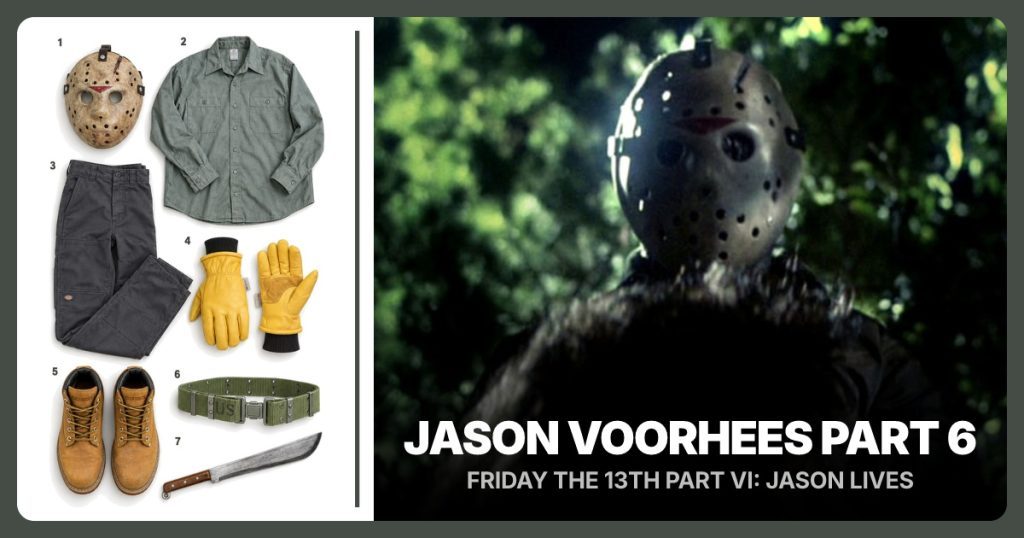 Part 6 Hockey Mask Replica, Olive Work Shirt, Charcoal Work Pants and Yellow Insulated Gloves beside Jason Voorhees Part 6