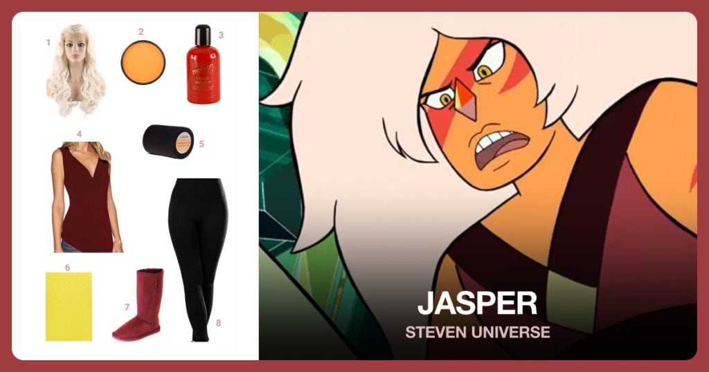 Long Wavy White Blond, Orange Face & Body Paint, Red Liquid Face Paint and Women’s V-Neck Sleeveless Tank Top beside Jasper
