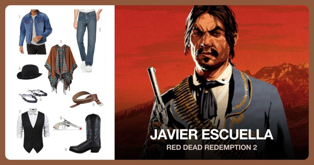 Denim Jacket, Men’s Jeans, Poncho and Black Cowboy Hat beside Javier Escuella