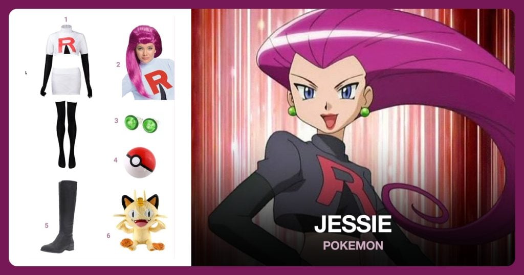Jessie Costume, Jessie Adult Wig, Glass Button Stud Earrings and Poke Ball beside Jessie