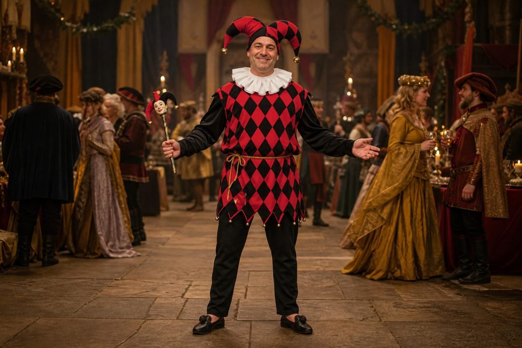 Red and Black Court Jester costume outfit