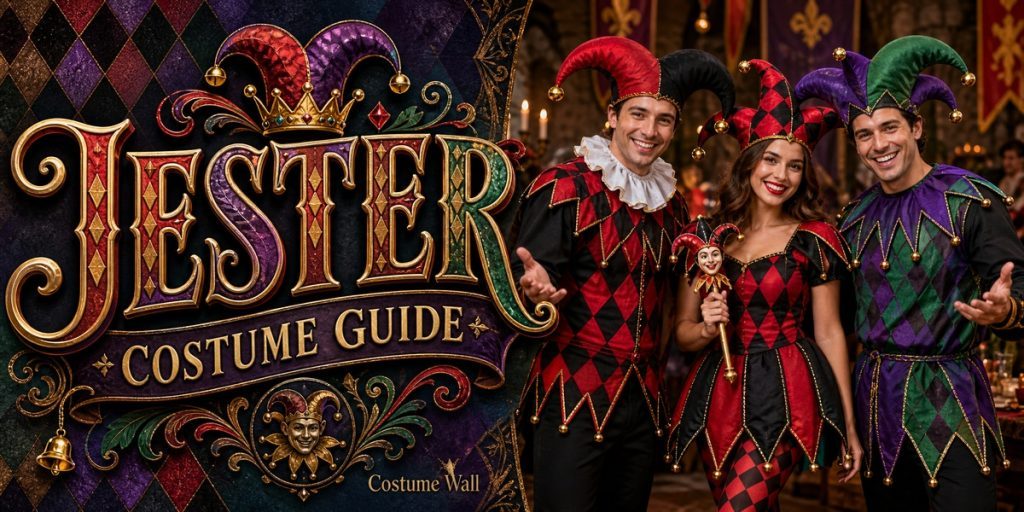 Red Black Jester Costume, Harlequin Clown Costume, Purple Green Jester Costume and Slim-Fit Black Cotton Shirt beside Jester