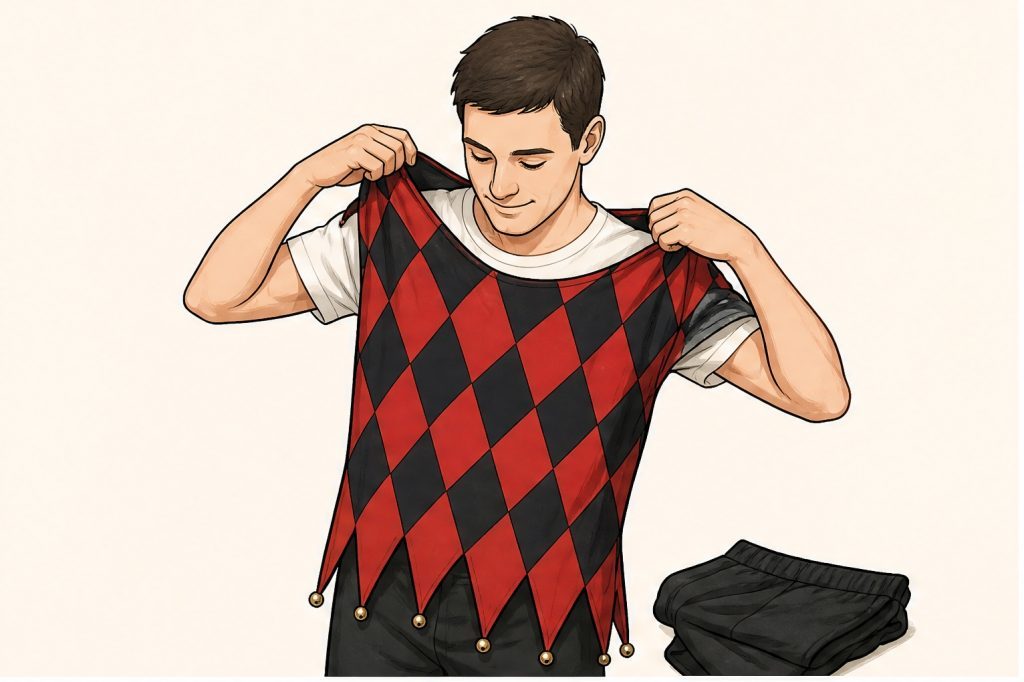 Put on the red-and-black jester tunic and black trousers