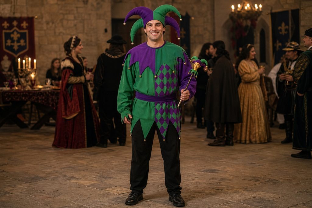 Purple and Green Fool costume outfit
