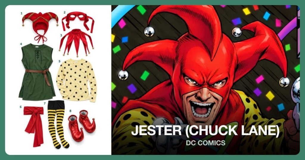 Red Jester Hat, Red Eye Mask, Red Jester Collar and Green Sleeveless Tunic beside Jester (Chuck Lane)
