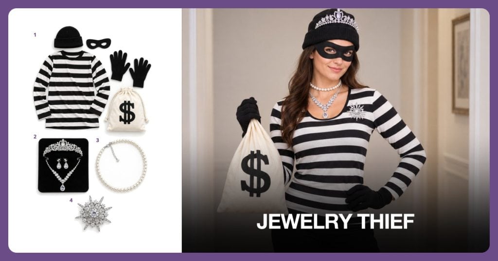Striped Thief Costume, Rhinestone Tiara Set, Pearl Necklace and Rhinestone Brooch beside Jewelry Thief