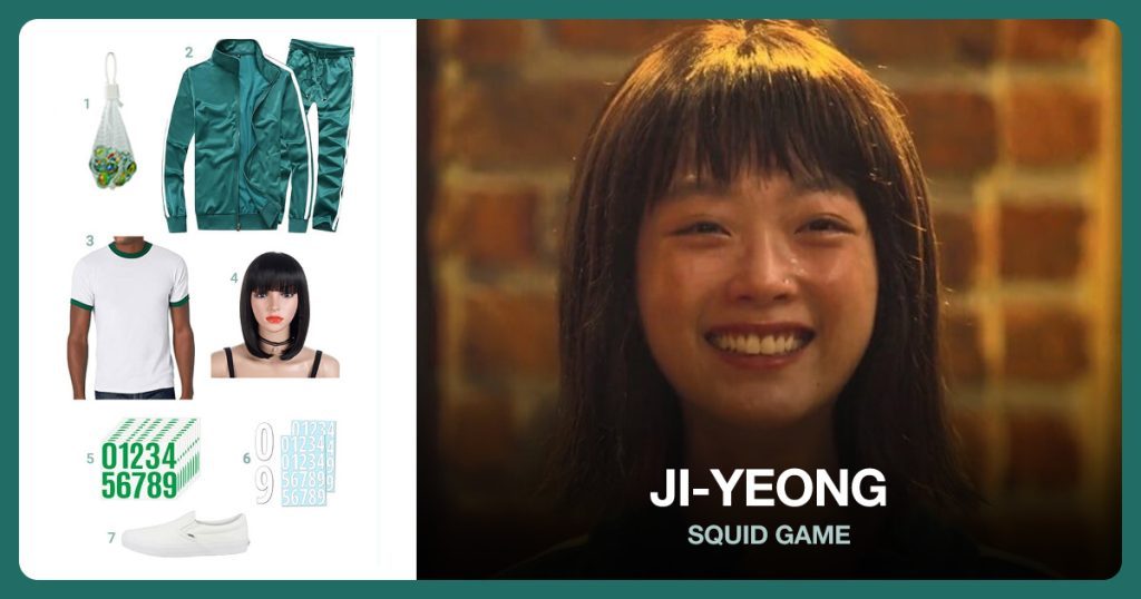 Bag of Marbles, Green Full Zip Tracksuit, Green Ringer Tee Shirt and Short Hair Bob Wig beside Ji-yeong