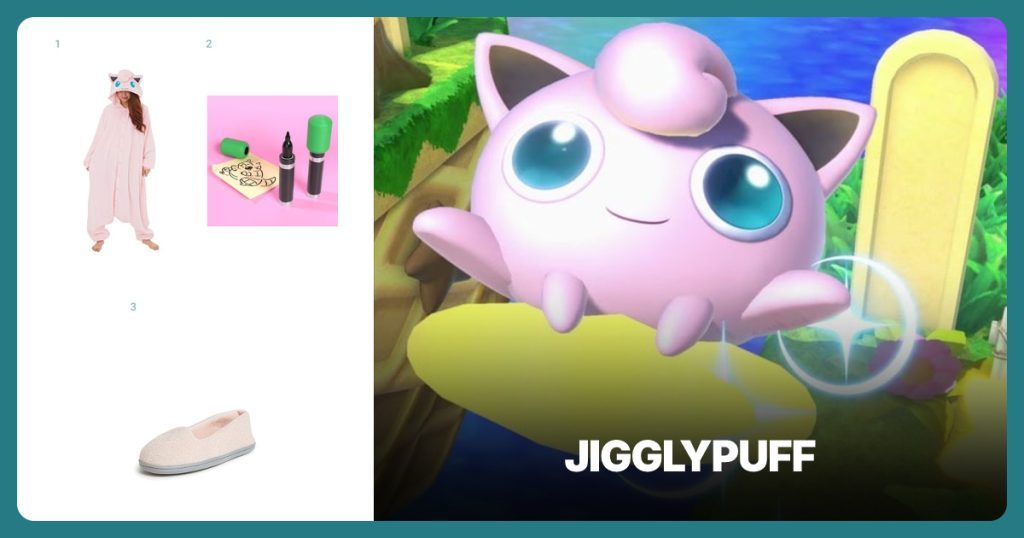 Pink Jigglypuff Kigurumi, Jigglypuff Microphone Marker and Dusty Pink Slippers beside Jigglypuff