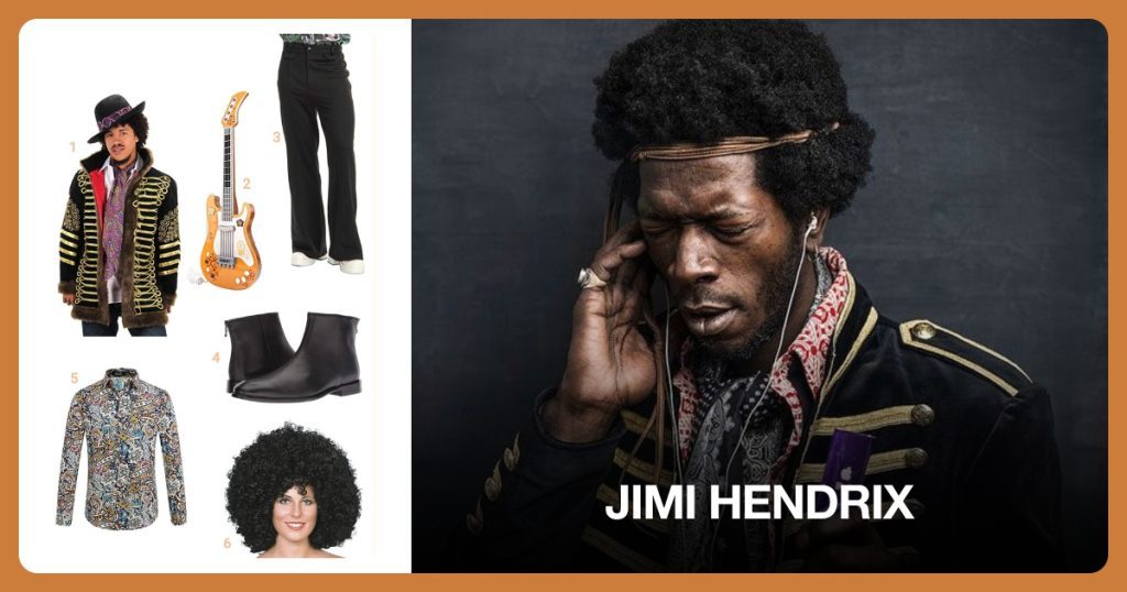 Jimi Hendrix Costume Set, Toy Electric Guitar, Disco Pants and Black Boots beside Jimi Hendrix