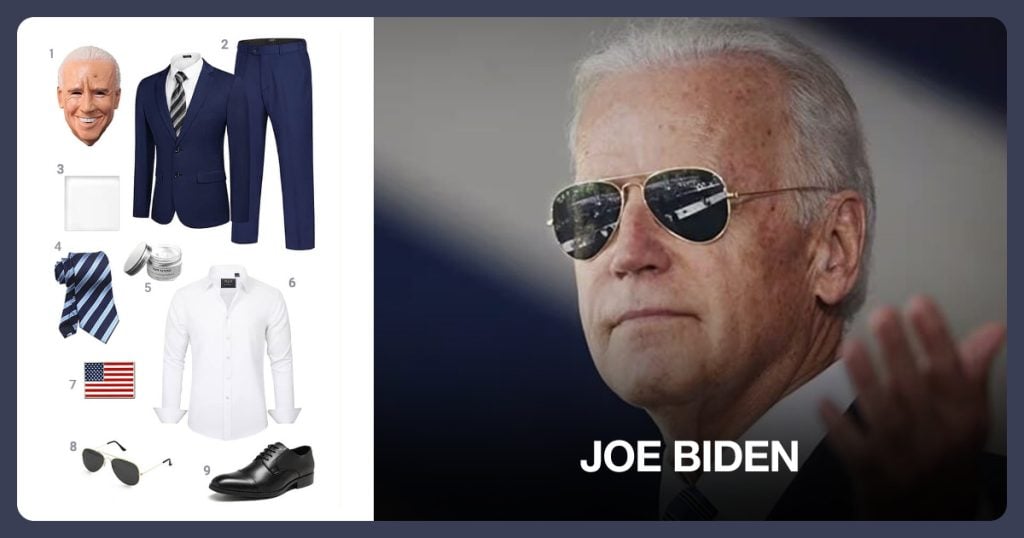 Latex Head Mask, Navy Blue Men’s 2 Piece Suits, White Pocket Square and Green Striped Men’s Tie beside Joe Biden