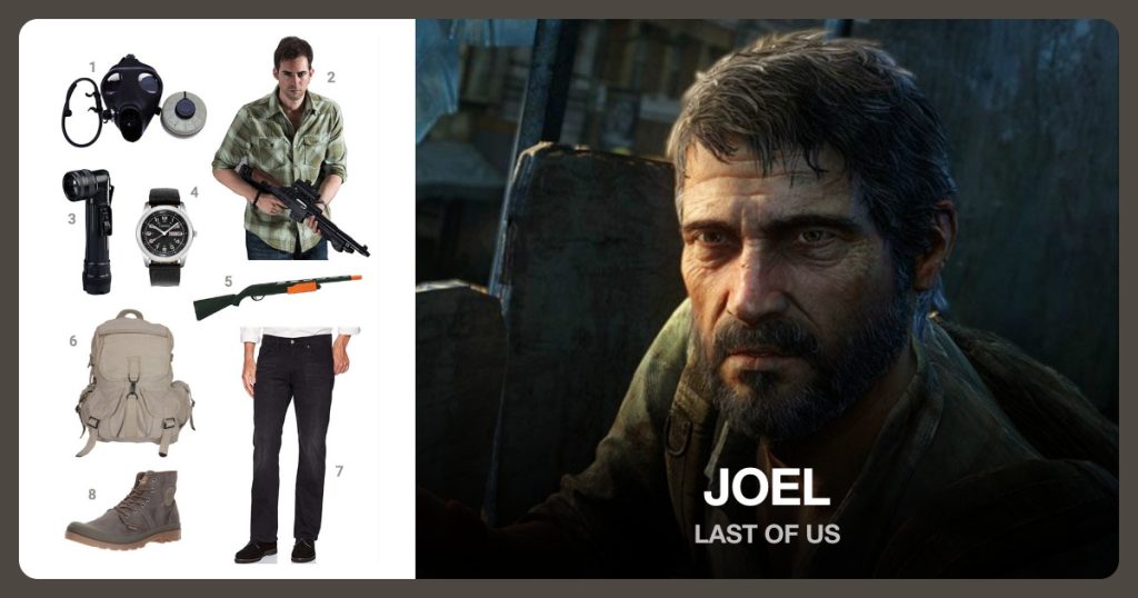 Gas Mask, Casual Plaided Shirt, Angle-Head Flashlight and Canvas Strapped Watch beside Joel