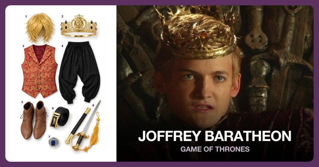 Short Wavy Golden Blond Character Wig and Gold Lion Crown Or Medieval King Crown beside Joffrey Baratheon