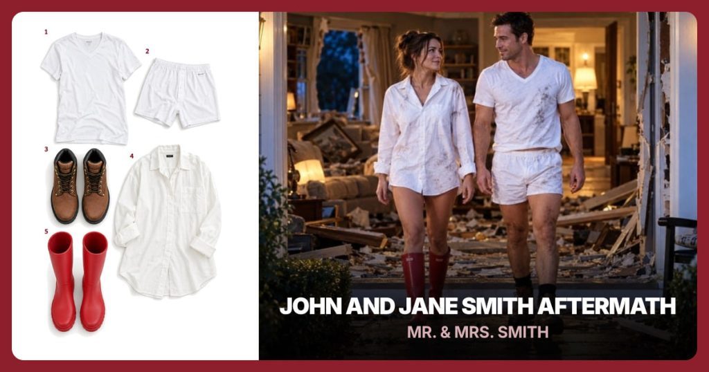 White V-Neck T-Shirt, White Boxer Shorts, Brown Work Boots and Oversized White Button-Up Shirt beside John and Jane Smith Aftermath
