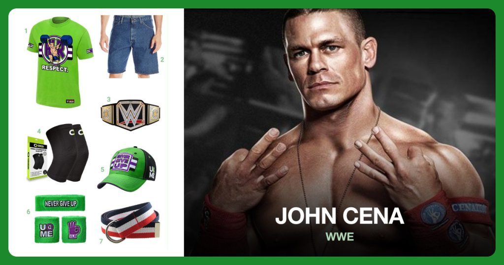 Respect T-Shirt, Jean Shorts, WWE Belt and Knee Sleeve beside John Cena