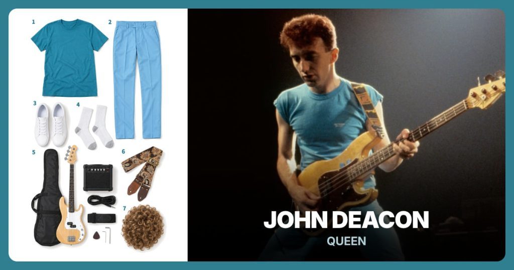 Peacock Blue Crewneck T-Shirt, Turquoise Straight-Leg Trousers, White Low-Top Sneakers and White Crew Socks beside John Deacon