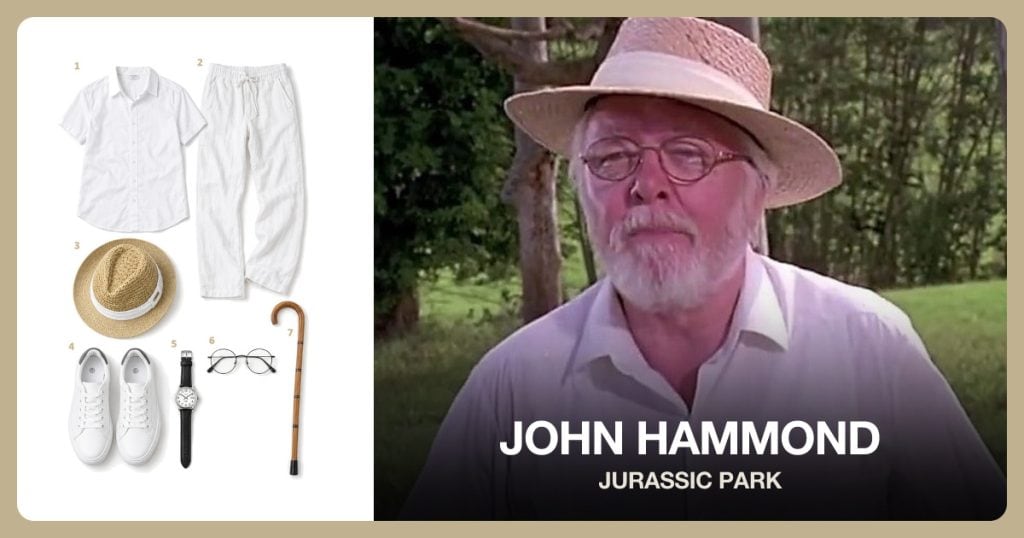 John Hammond costume from Jurassic Park: White Short-Sleeve Button Shirt, White Linen Trousers, Straw Fedora with White Band, White Shoes