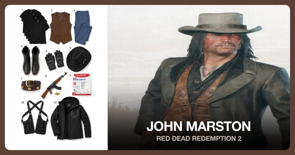 Black Shirt, Brown Vest, Dark Pants and Black Cowboy Boots beside John Marston
