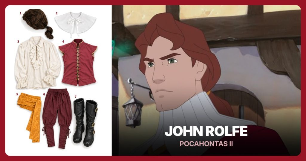 Brown Low Ponytail Wig, White Falling Collar, White Poet Shirt and Red Gold-Trim Doublet beside John Rolfe