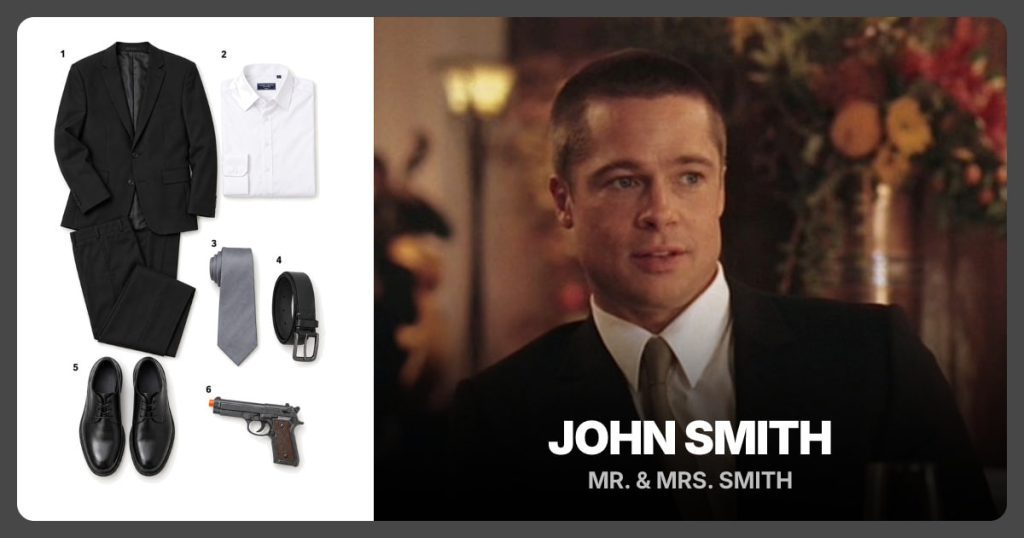 Black Two-Piece Suit, White Dress Shirt, Gray Silk Necktie and Black Leather Belt beside John Smith