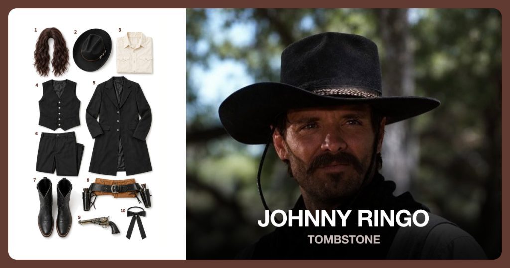 Long Brown Western Wig, Black Cowboy Hat, Ivory Western Shirt and Black Western Vest beside Johnny Ringo