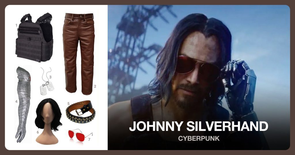 Tactical Vest, Brown Leather Pants, Military Dog Tags and Robot Arm beside Johnny Silverhand