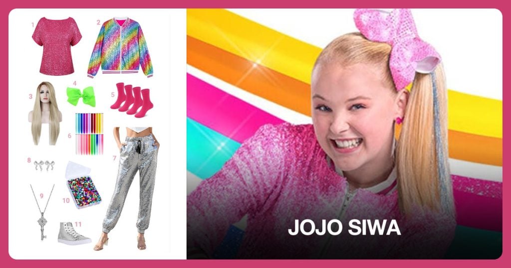Pink Sparkly Sequin Top, Rainbow Sequin Jacket, Ombre Blonde Wig and Neon Green Hair Bow Clip beside JoJo Siwa