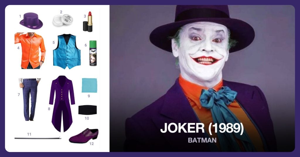 Costume Top Hat, Clown White Face Paint, Revlon Lipstick and Dance Dress Shirt beside Joker (1989)