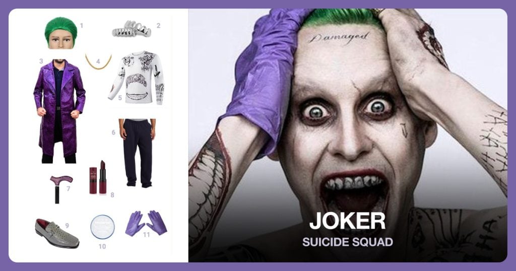 Green Cosplay Wig, Custom Fit Silver Plated Grillz, Purple Crocodile Pattern Trench Coat and Gold Plated Necklace beside Joker (Suicide Squad)