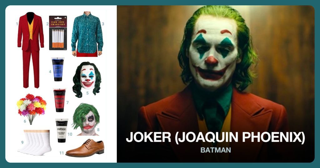 Joker Costume, Fake Cigarettes, Joker Fancy Bubbles Shirt and Blue Face Paint beside Joker (Joaquin Phoenix)
