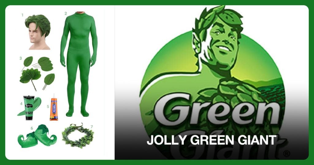 Short Green Wig, Green Full Bodysuit, Green Artificial Leaves and Green Face Body Paint beside Jolly Green Giant