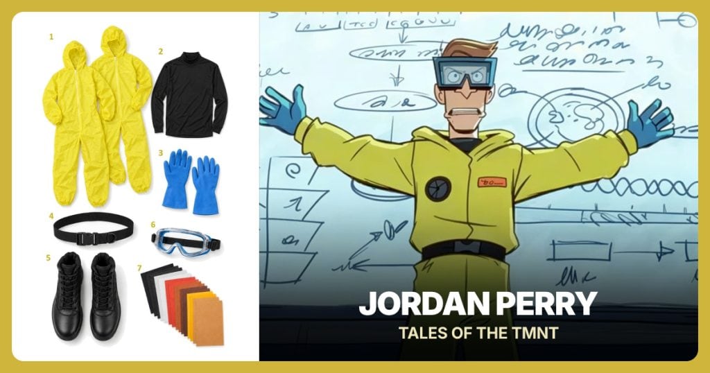 Yellow Hooded Coveralls, Black Mock-Neck Shirt, Blue Rubber Gloves and Black Clip Belt beside Jordan Perry
