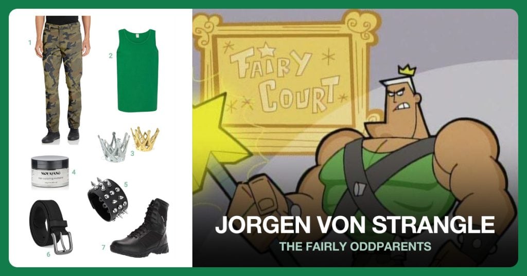 Camouflage Pants, Green Tank, Mini Gold Crown and White Hair Dye beside Jorgen Von Strangle