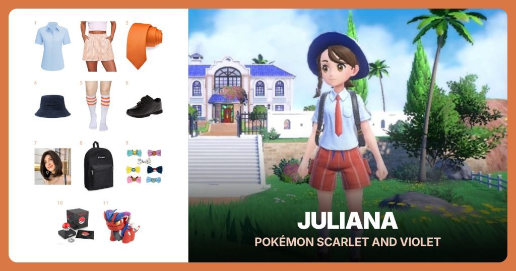Light Blue Shirt, Orange Striped Shorts, Orange Tie and Navy Bucket Hat beside Juliana