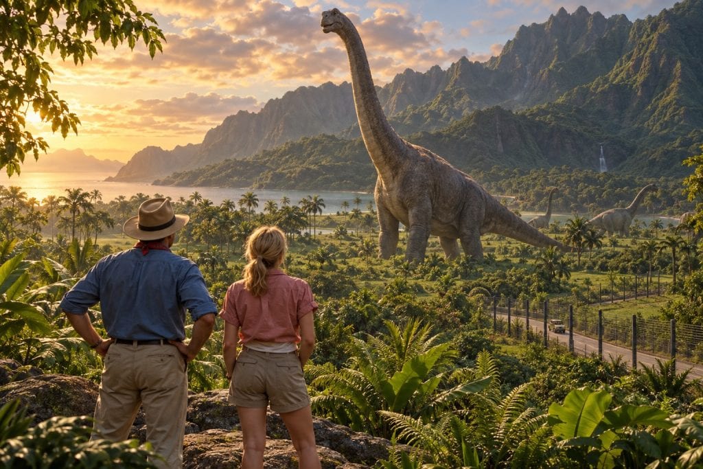 Illustration of visitors in Alan Grant and Ellie Sattler-inspired clothes watching a brachiosaurus