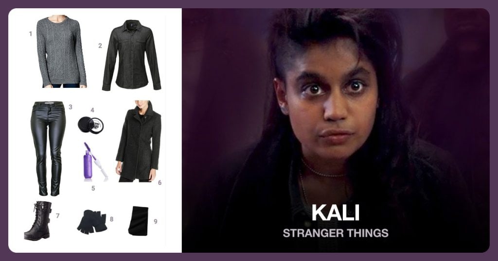 Gray Knitted Sweater, Black Denim Shirt, Leather Pants and Black Eye Shadow beside Kali