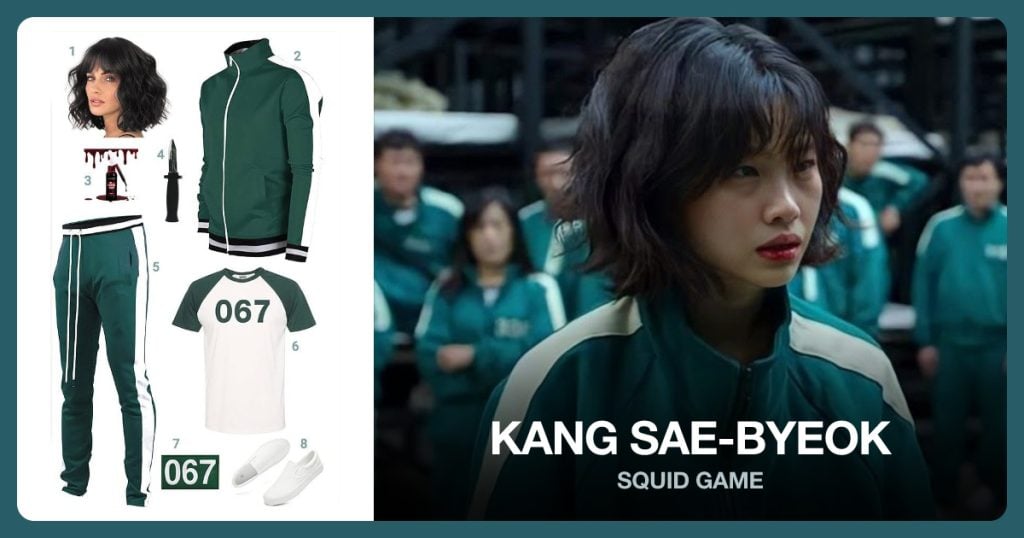 Women Short Wavy Wig, Green Jacket, Fake Blood and Fake Knife beside Kang Sae-Byeok