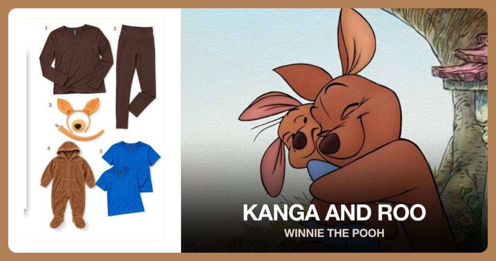 Brown Long Sleeve Shirt, Brown Leggings, Kangaroo Ears Set and Footed Toddler Pajamas beside Kanga and Roo