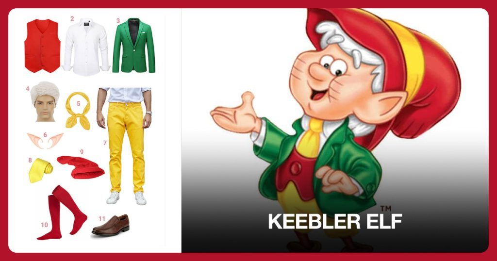 Red Button Vest, Men’s White Long Sleeve, Men’s Green Suit Jacket Coat and Men’s Short White Wig beside Keebler Elf