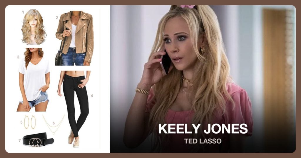 Blonde Wavy Wig, Brown Moto Biker Jacket, White V-Neck Tee and Women Black Jeans beside Keely Jones