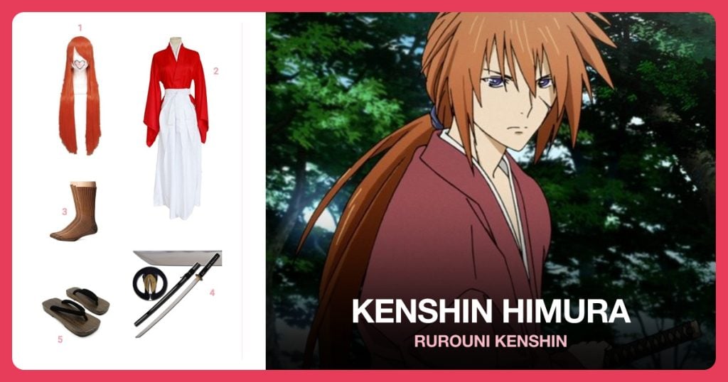 Kenshin Long Orange Wig, Kenshin Red kimono, Men’s Work Crew Socks and Reverse Blade Katana beside Kenshin Himura