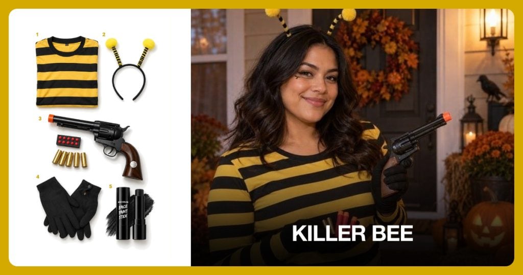 Yellow Black Bee Shirt, Bee Antenna Headband, Western Toy Revolver and Black Cotton Gloves beside Killer Bee