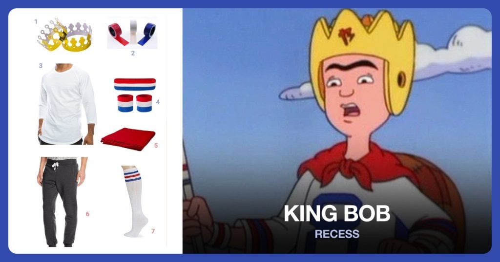 Gold Crown, Red and Blue Tape for Number and Stripes, 3 Quarter Sleeve Shirt and Wristband and Headband beside King Bob