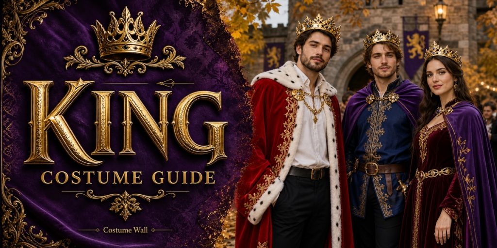 Adult Red Velvet King Robe, Adult Royal Purple Cape, Navy Sleeveless Medieval Tunic and Men’s White Dress Shirt beside King