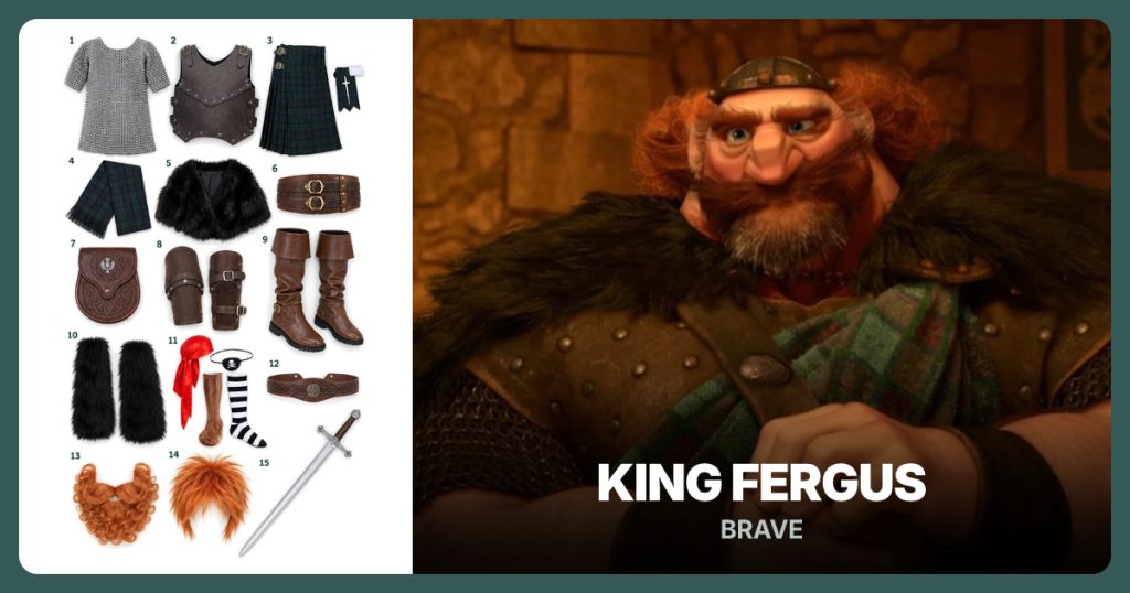 Chainmail Shirt, Brown Chest Armor, Black Watch Tartan Kilt and Black Watch Tartan Sash beside King Fergus