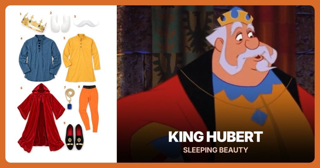 Blue Gold King Crown, White Mutton-Chop Sideburns, White Curled Mustache and Blue Medieval Shirt beside King Hubert