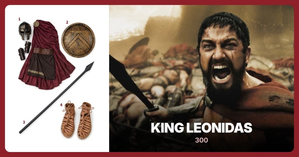 Spartan Costume Set, Round Spartan Shield, Foam Spartan Spear and Brown Gladiator Sandals beside King Leonidas