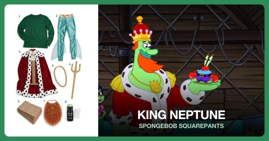 Plain Green Long Sleeve Shirt, Merman Tail Leggings, Red King’s Robe and Gold Necklace beside King Neptune